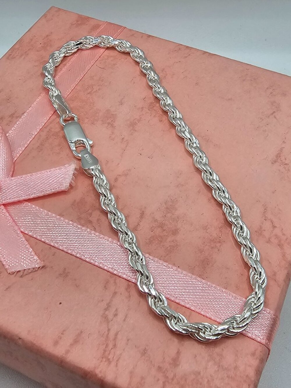 Sterling Silver 925 High Polished Diamond Cut Rope Bracelet 3.4mm 7 inches